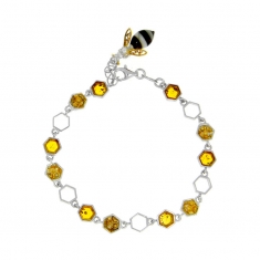 Bracelet alvéoles en ambre miel orné d'une abeille et argent 925/1000 rhodié