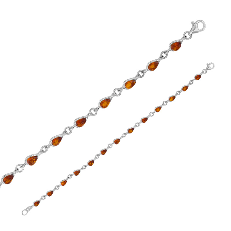 Bracelet ambre cognac en forme de goutte et argent 925/1000 rhodié