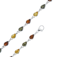Bracelet ambre et argent 925/1000, formé de petites pierres gouttes verte, citrine et cognac