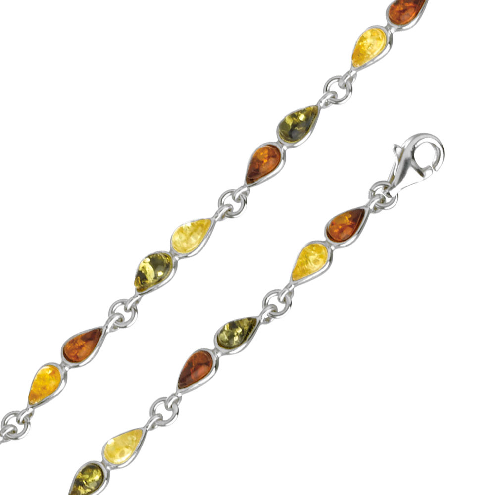 Bracelet ambre et argent 925/1000 avec pierres forme gouttes citrine, cognac, vert et miel