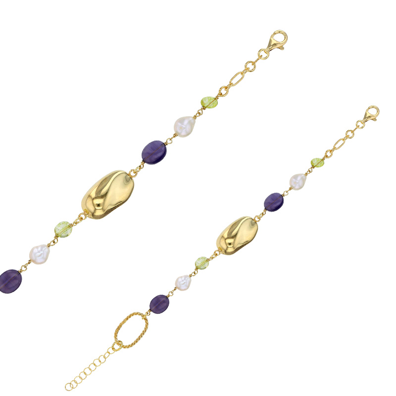 Bracelet améthyste, péridot et perles d'imitation en argent 925/1000 doré