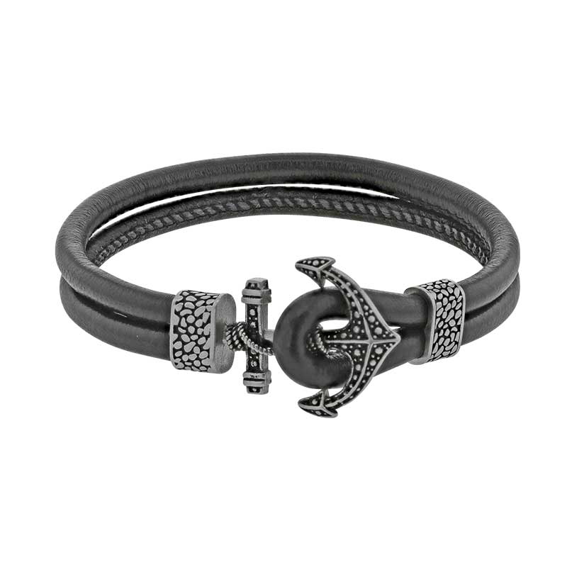 Bracelet ancre marine acier et cuir d'ovin noir