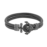 Bracelet ancre marine acier et cuir d'ovin noir