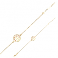 Bracelet arbre de vie avec fleurs émail rose, argent 925/1000 doré