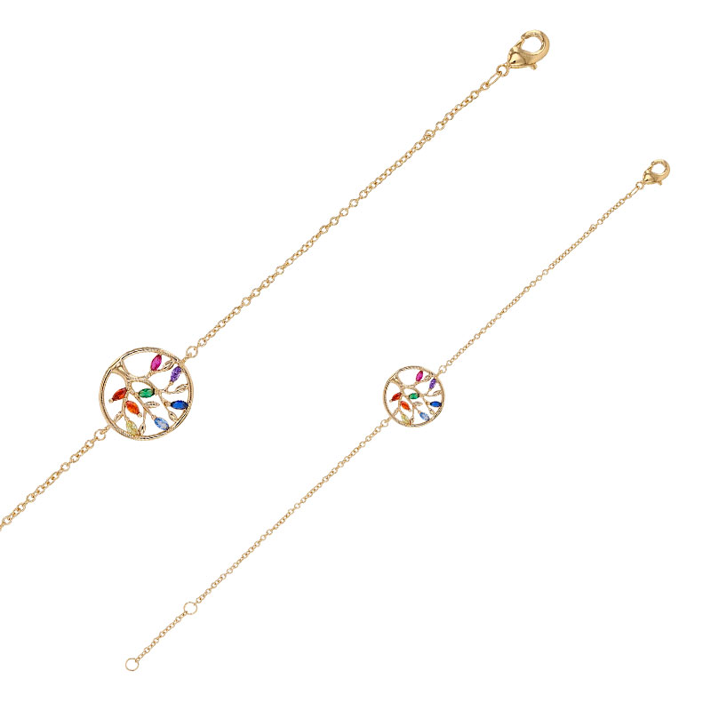 Bracelet arbre de vie en oxyde de zirconium multicolores, plaqué or