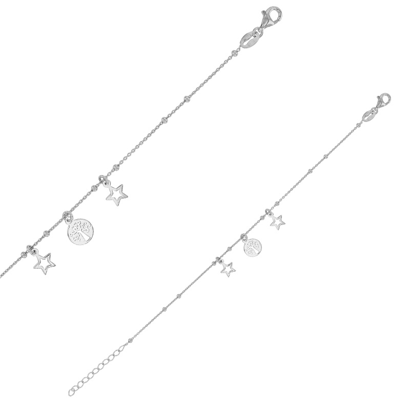 Bracelet arbre de vie et étoiles ajourées, argent 925/1000 rhodié