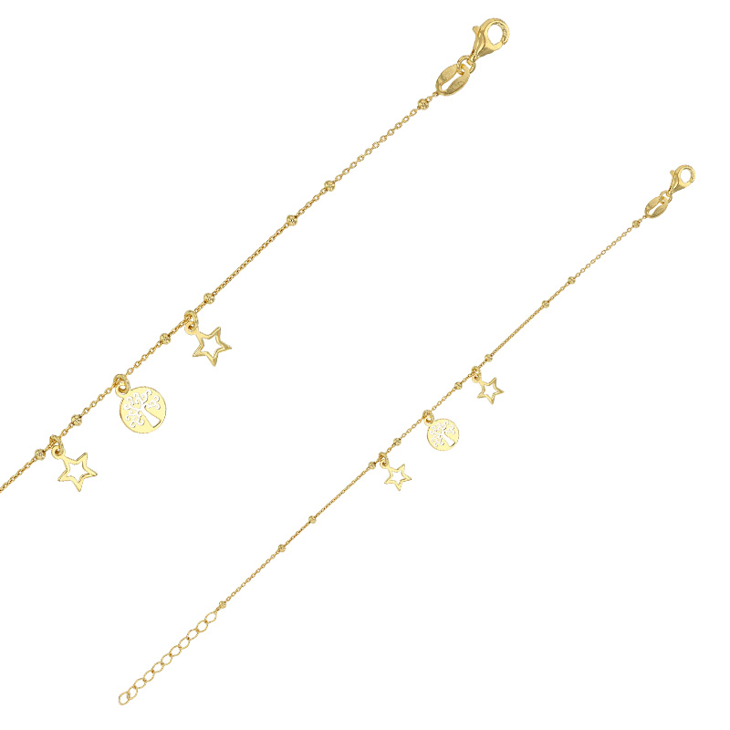 Bracelet arbre de vie et 2 étoiles ajourés en pampilles, argent 925/1000 doré