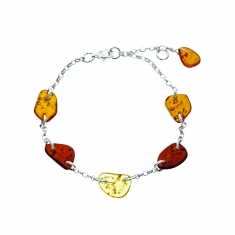 Bracelet argent 925/1000 et pierres plates en Ambre couleurs cognac, citrine et cerise