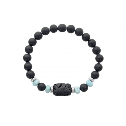Bracelet argent 925/1000 rhodié élastique pour homme Larimar orné d'hématite et de pierre de lave