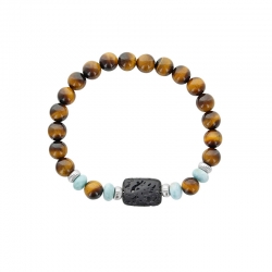 Bracelet argent 925/1000 rhodié élastique pour homme Larimar orné d'hématite et de pierre de lave