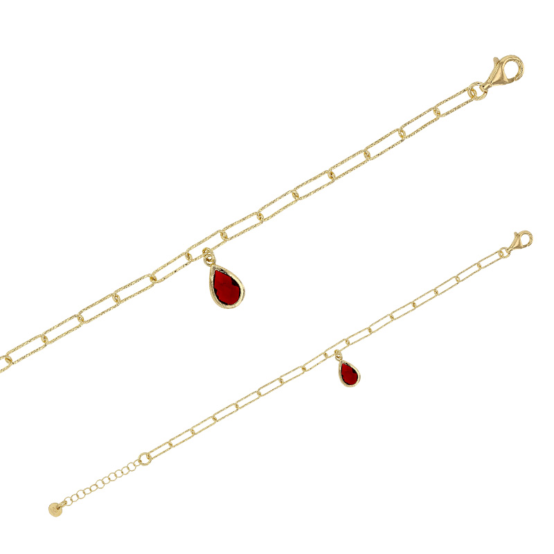 Bracelet argent 925/1000 doré orné d'une pierre synthétique rouge en forme de goutte