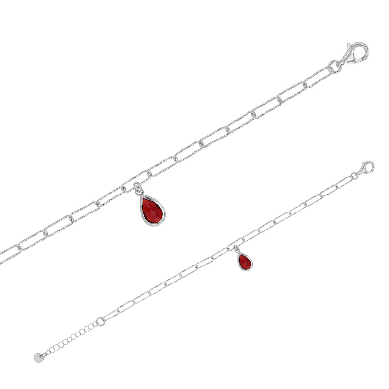 Bracelet argent 925/1000 doré orné d'une pierre synthétique rouge en forme de goutte