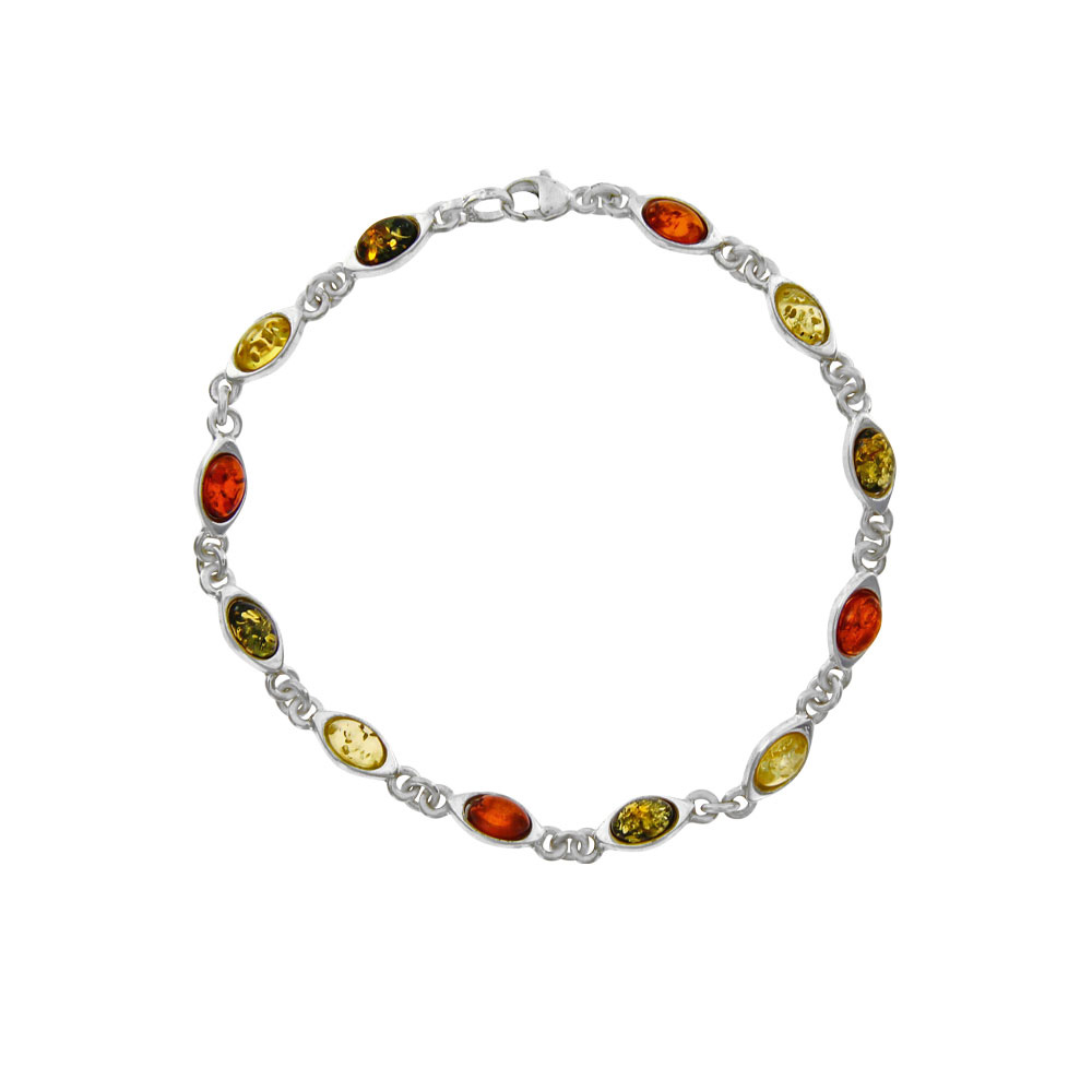 Bracelet argent 925/1000 et ambre avec petites pierres ovales de couleur verte, cognac et citrine