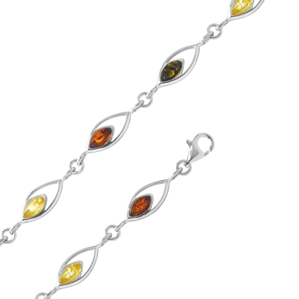 Bracelet argent 925/1000 et mailles ajourée avec pierres serties en ambre