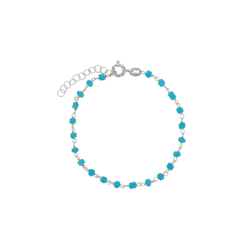 Bracelet argent 925/1000 platiné avec perles de verre bleu turquoise