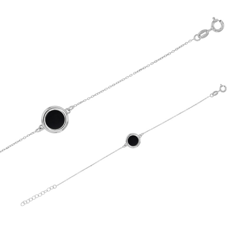 Bracelet argent 925/1000 rhodié avec agate noire de forme ronde