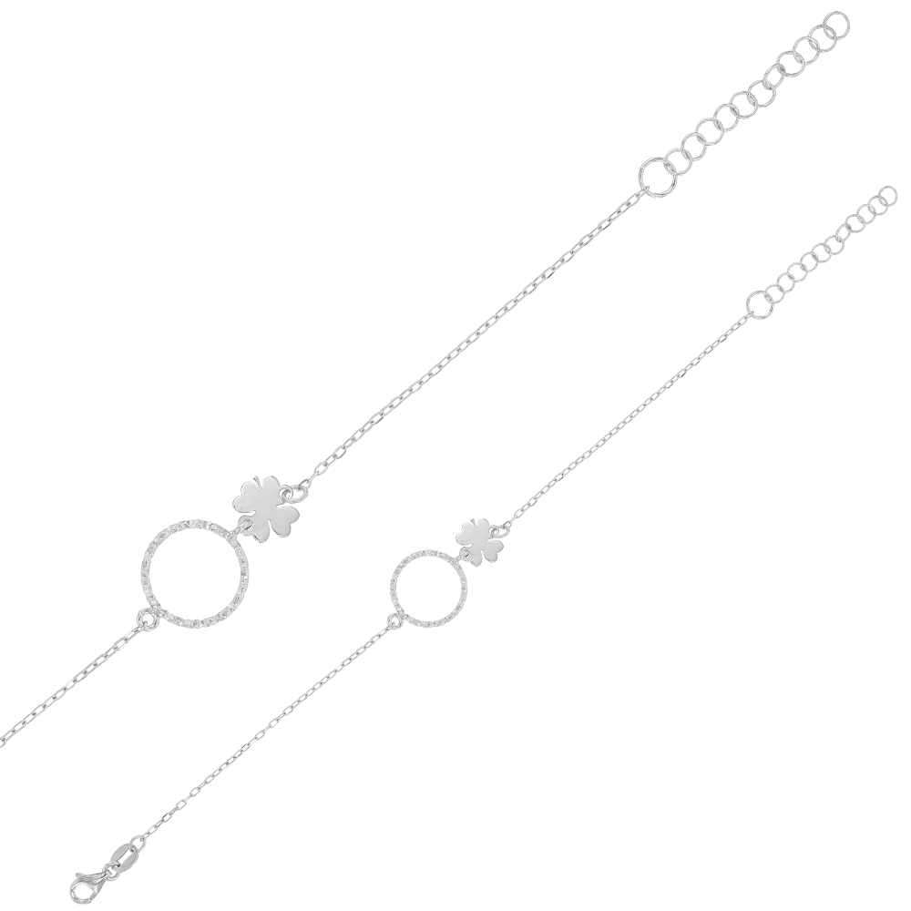 Bracelet argent rhodié 925/1000 avec cercle évidé diamanté et trèfle - UNE HISTOIRE DE COEUR