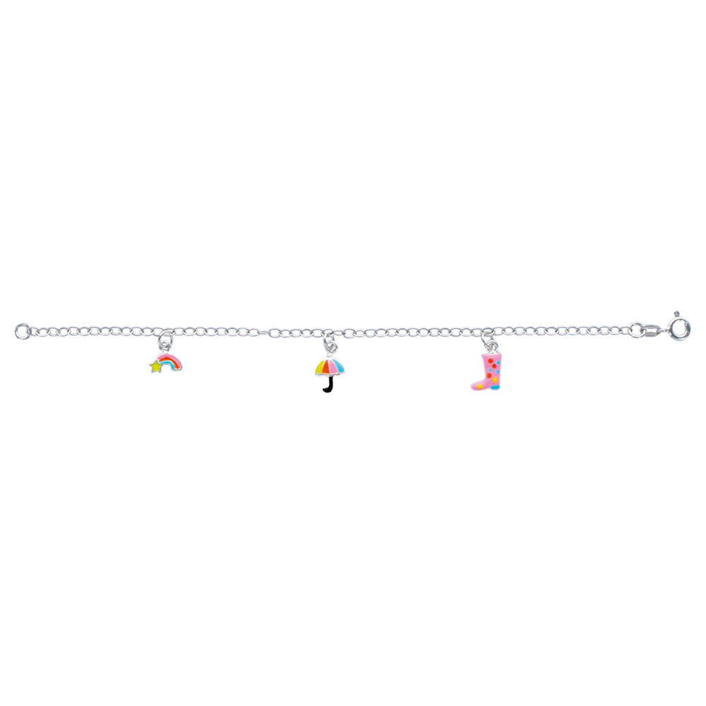 Bracelet argent rhodié avec pendants arc-en-ciel, parapluie et botte de pluie