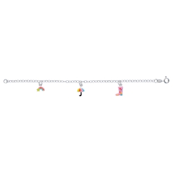 Bracelet argent rhodié avec pendants arc-en-ciel, parapluie et botte de pluie