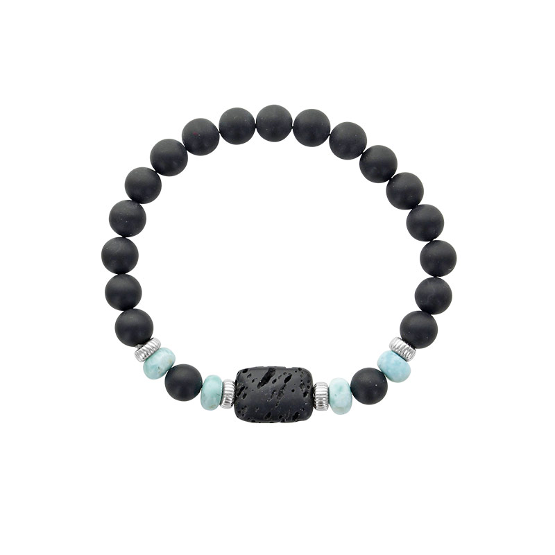 Bracelet argent 925/1000 rhodié élastique pour homme Larimar orné d'hématite et de pierre de lave