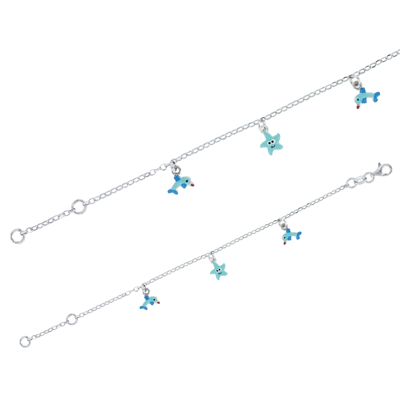 Bracelet argent 925/1000 rhodié et émail avec motifs étoile de mer et dauphins