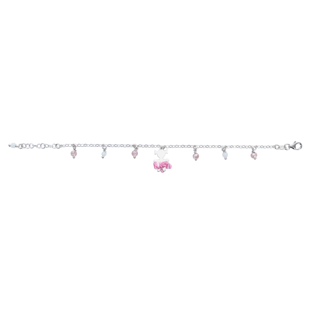 Bracelet argent 925/1000 rhodié petite fille avec jupe et pampilles roses et blanches