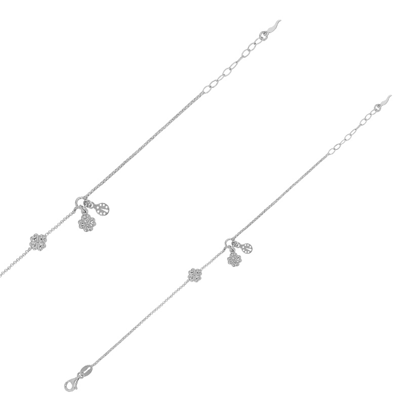 Bracelet avec deux trèfles et une coccinelle ajourée en argent 925/1000 rhodié