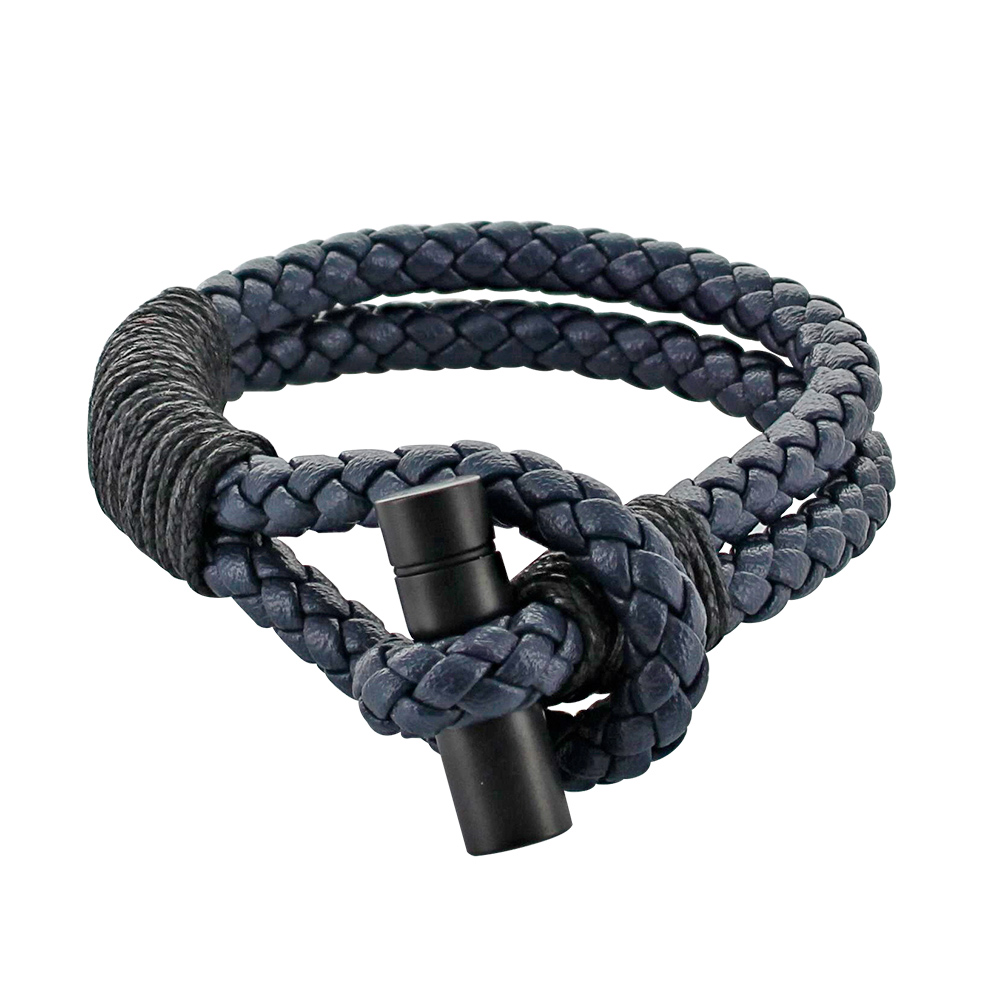 Bracelet avec double tresse en cuir de bovin bleu