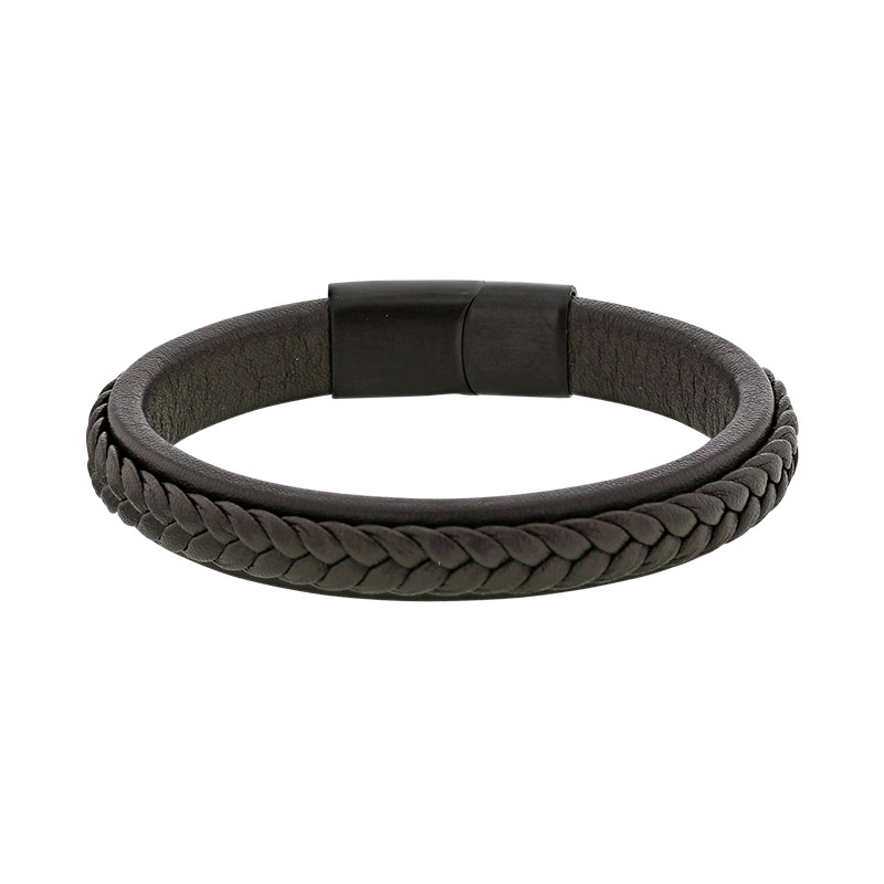 Bracelet avec double tresse en cuir de bovin marron foncé et fermoir en acier