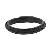 Bracelet avec double tresse en cuir de bovin noir et fermoir en acier