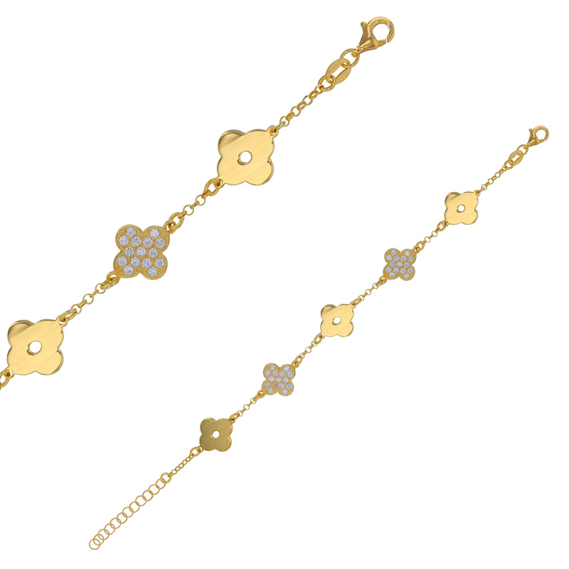 Bracelet avec 3 fleurs lisses et 2 fleurs ornées d'oxydes, argent 925/1000 doré