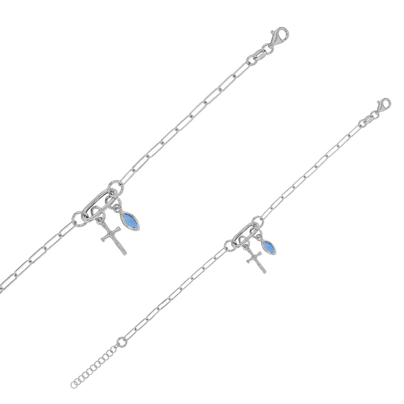 Bracelet avec pampille croix et goutte en cristal bleu, en argent 925/1000 rhodié