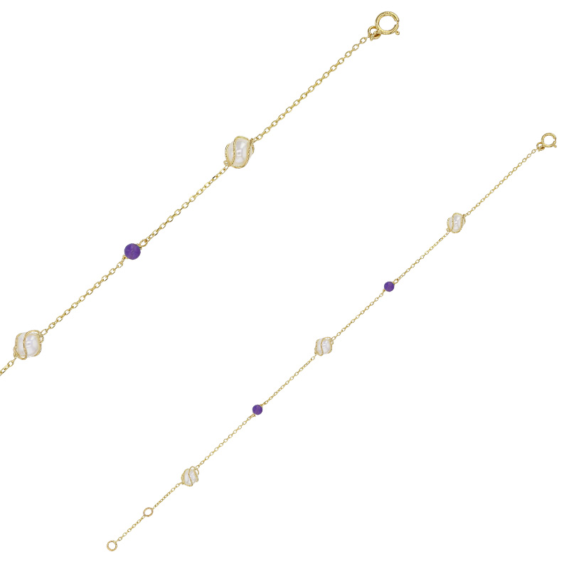 Bracelet avec perles de culture d'eau douce en cage et boules d'améthyste, Or 375/1000
