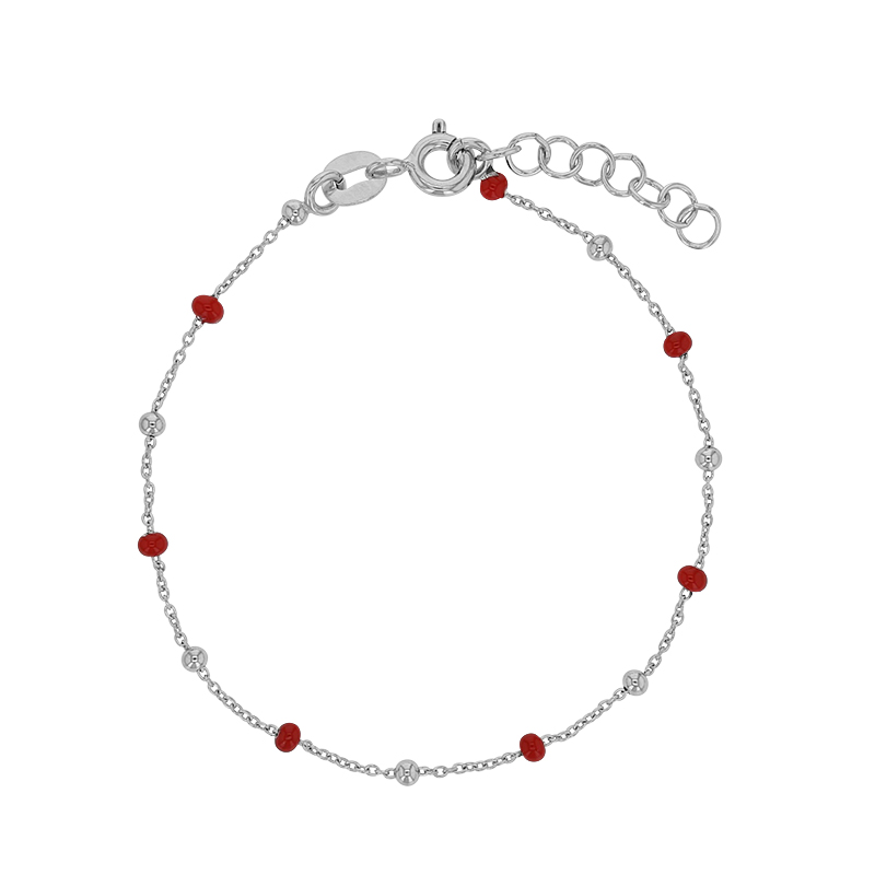 Bracelet boules émaillées rouge, argent 925/1000 rhodié