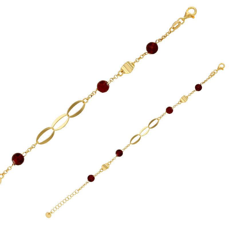 Bracelet 4 boules en jade teinté grenat et 3 ovales entrelacés argent 925/1000 doré