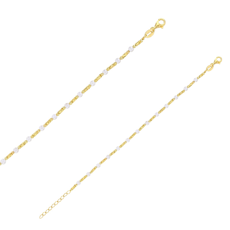 Bracelet boules et cylindres diamantés avec perles d’imitation en argent 925/1000 doré