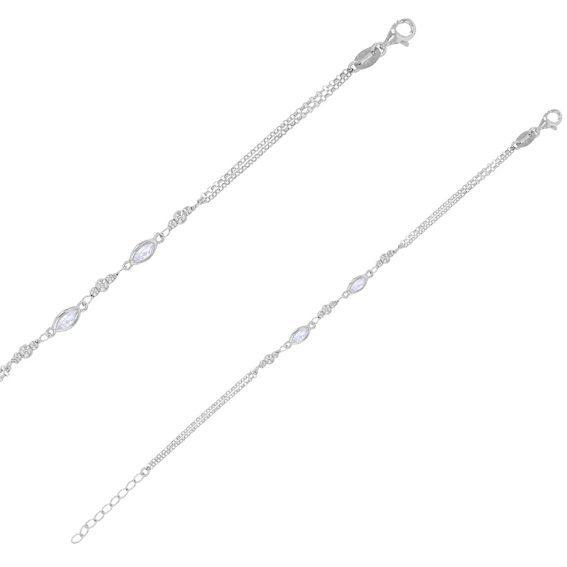 Bracelet boules et 2 ovales avec oxyde de zirconium maille forçat en argent 925/1000 rhodié