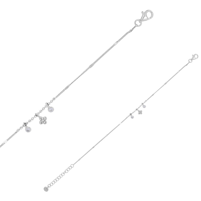 Bracelet boules et 3 pampilles dont 1 fleur et 2 oxydes maille forçat argent 925/1000 rhodié