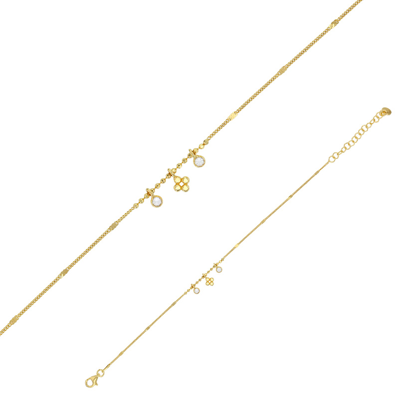 Bracelet boules et 3 pampilles dont 1 fleur et 2 oxydes maille forçat argent 925/1000 rhodié