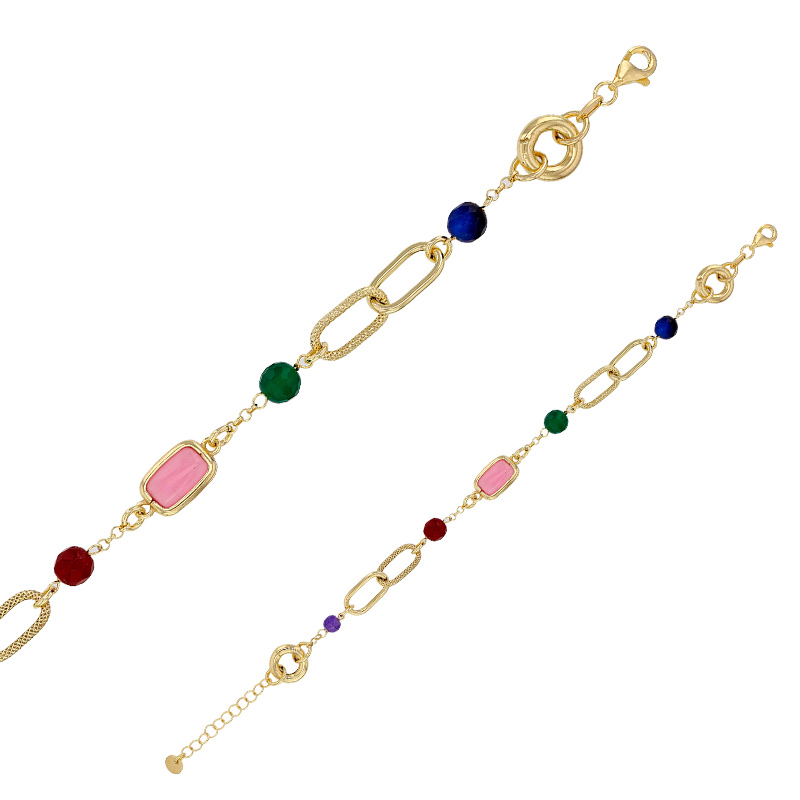Bracelet boules jade teintée multicolores oeil de chat rose, 2 ronds et ovales argent 925/1000 doré