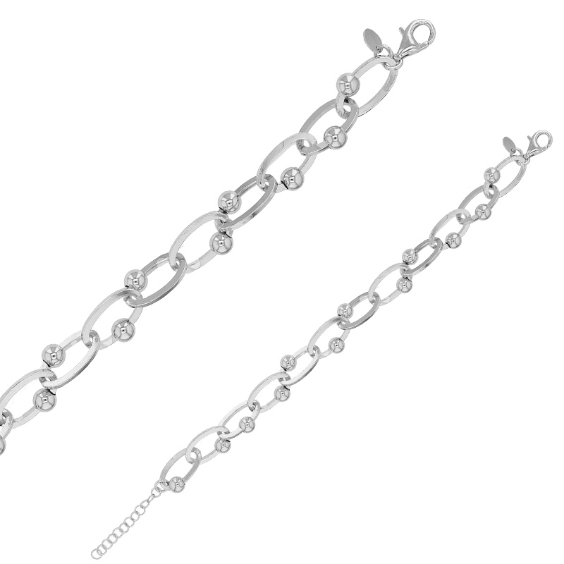 Bracelet boules maille forçat allongée, fermoir menotte en argent 925/1000 rhodié