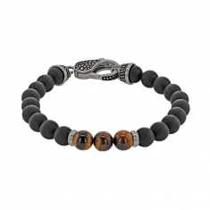 Bracelet boules Onyx et 3 boules en Oeil de tigre avec fermoir en Acier