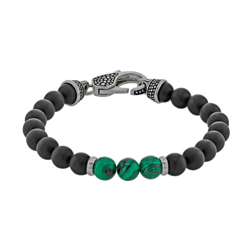 Bracelet boules Onyx et 3 boules en Oeil de tigre avec fermoir en Acier