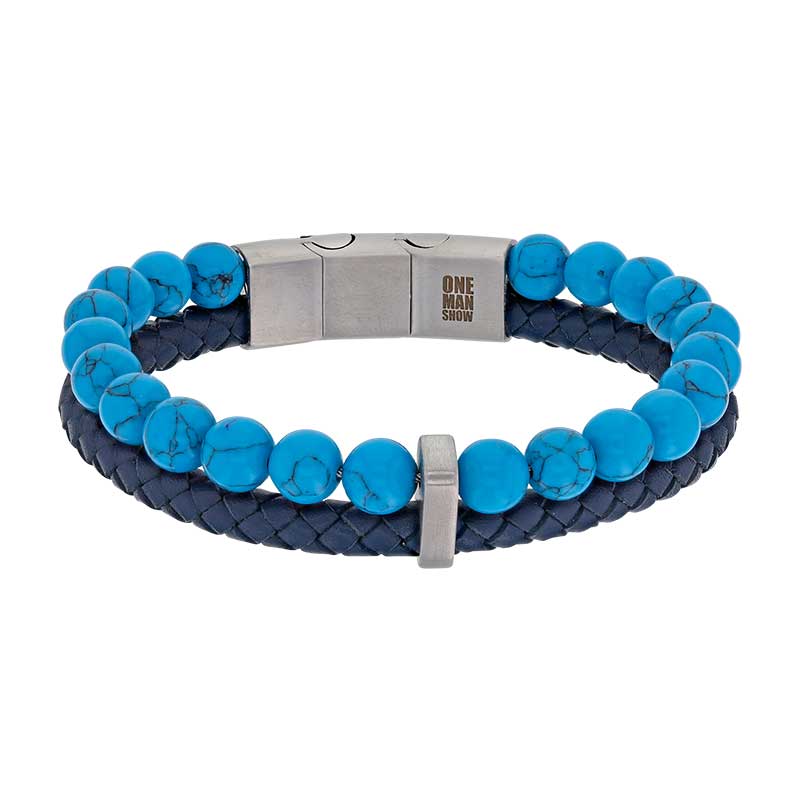 Bracelet boules onyx noir et cuir de bovin rouge, fermoir acier