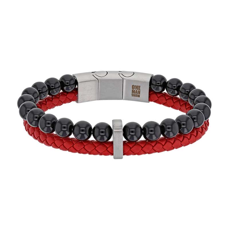 Bracelet boules onyx noir et cuir de bovin rouge, fermoir acier