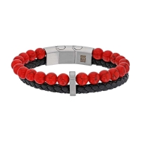 Bracelet boules onyx noir et cuir de bovin rouge, fermoir acier