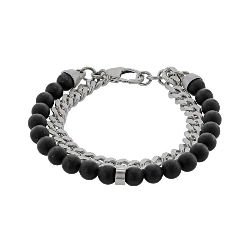 Bracelet boules Onyx noir et maille gourmette acier