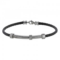 Bracelet câble acier noir et acier, 3 motifs écrous et cristal blanc