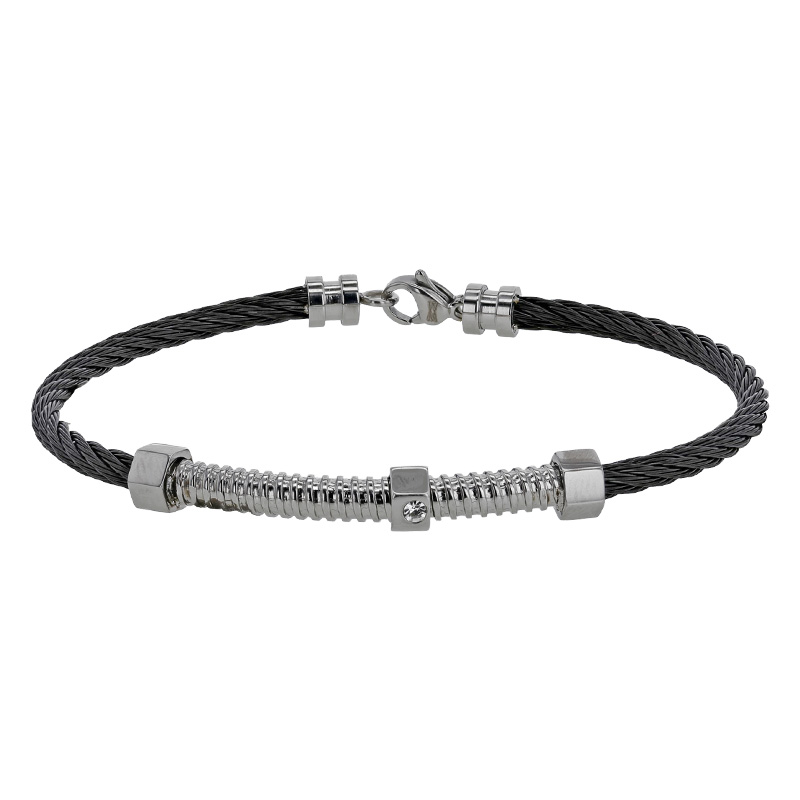 Bracelet câble acier noir et acier, 3 motifs écrous et cristal blanc