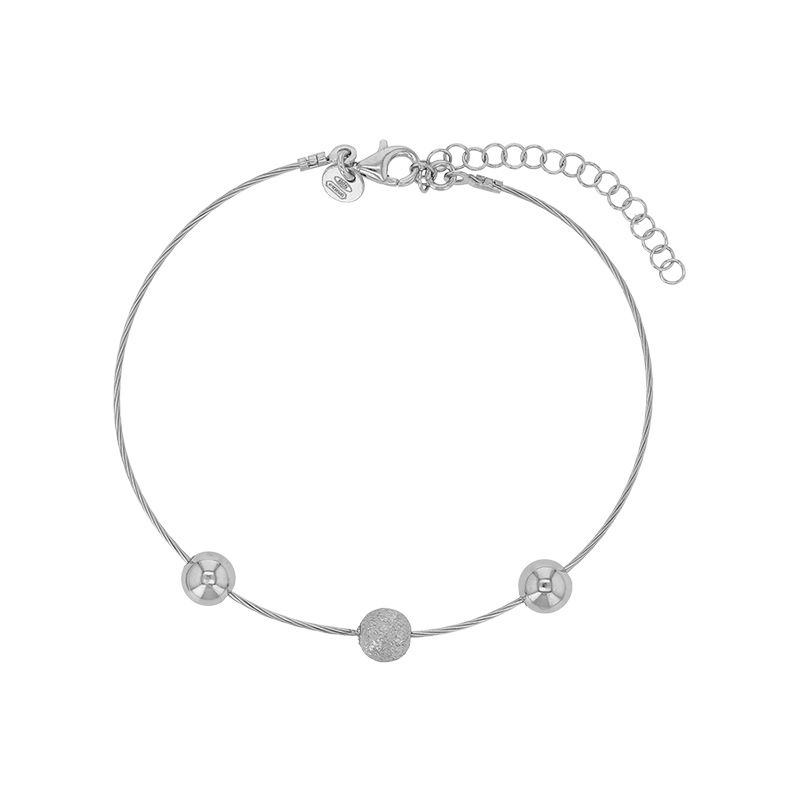 Bracelet câble 2 boules lisses et 1 boule brossée argent 925/1000 rhodié